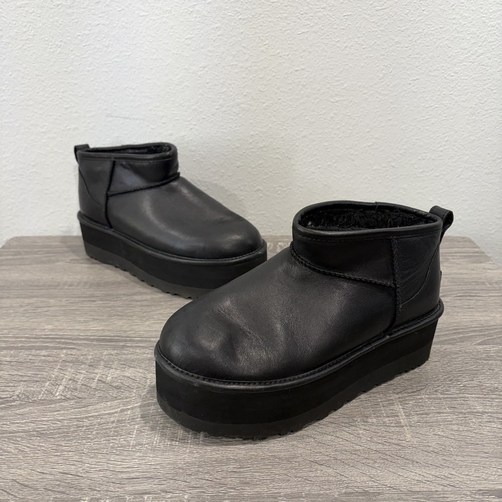 Ugg Boots Womens 8 Classic Ultra Mini Black Leather Platform 1141510 Winter Shoe